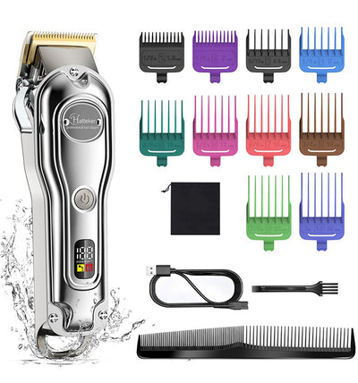 Hatteker professional electric hair clipper with gold blade, LED display, 10 colorful guide combs, USB cable, comb, and cleaning brush. - Image 33