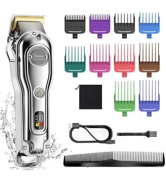 Hatteker professional electric hair clipper with gold blade, LED display, 10 colorful guide combs, USB cable, comb, and cleaning brush. - Image 33