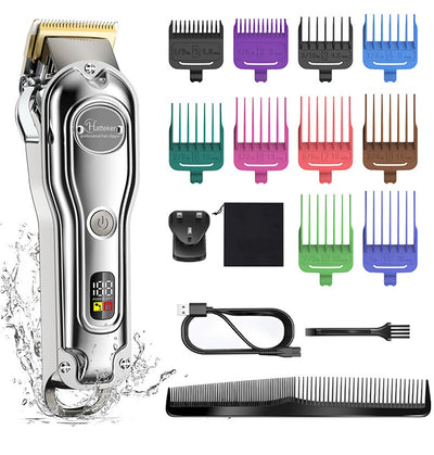 Hatteker professional electric hair clipper with gold blade, LED display, 10 colorful guide combs, USB cable, comb, and cleaning brush. - Image 40