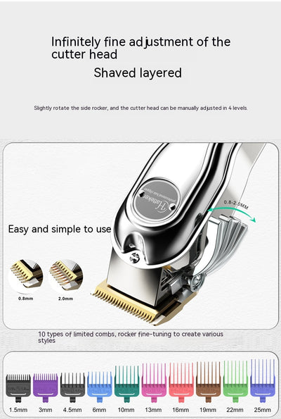 Hatteker professional electric hair clipper with gold blade, LED display, 10 colorful guide combs, USB cable, comb, and cleaning brush. - Image 44