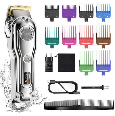 Hatteker professional electric hair clipper with gold blade, LED display, 10 colorful guide combs, USB cable, comb, and cleaning brush. - Image 46