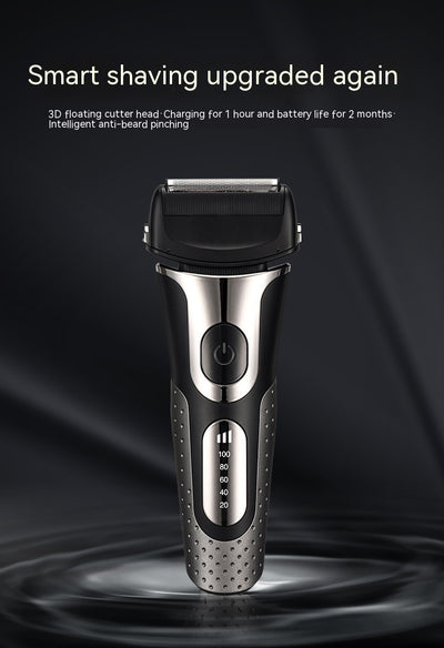 Black and silver men's electric shaver with a three-bit floating head and LED battery display. - Image 22