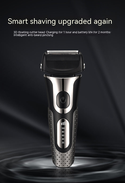 Black and silver men's electric shaver with a three-bit floating head and LED battery display. - Image 22