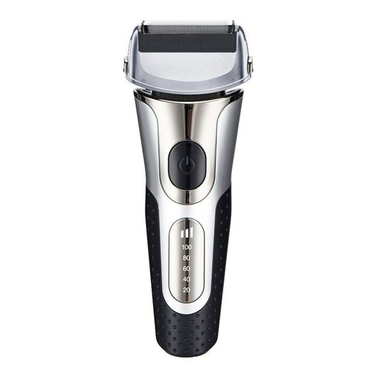 Black and silver men's electric shaver with a three-bit floating head and LED battery display. - Image 26