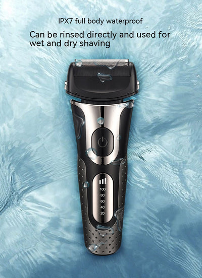 Black and silver men's electric shaver with a three-bit floating head and LED battery display. - Image 29