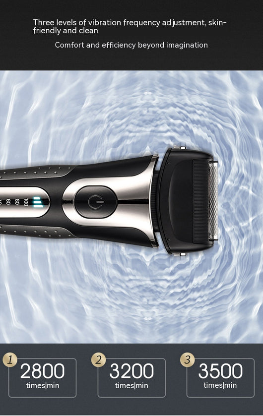 Black and silver men's electric shaver with a three-bit floating head and LED battery display. - Image 32