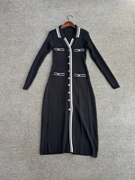 Vestido Largo Tejido Cuello Solapa V Ajustado Elástico Efecto Adelgazante - Image 16