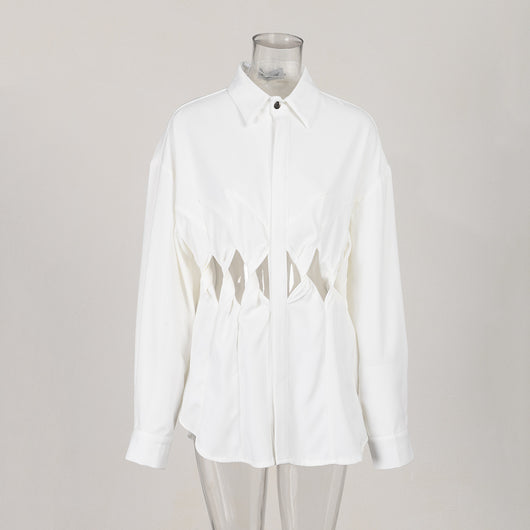 Camisa de Manga Larga Suelta con Diseño de Costuras Caladas - Image 18
