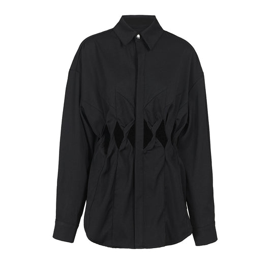 Camisa de Manga Larga Suelta con Diseño de Costuras Caladas