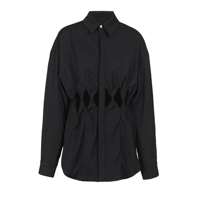 Camisa de Manga Larga Suelta con Diseño de Costuras Caladas
