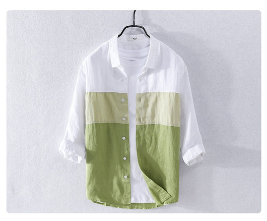 Camisa de Lino Hombre Manga 3/4 Combinada de Colores - Image 29