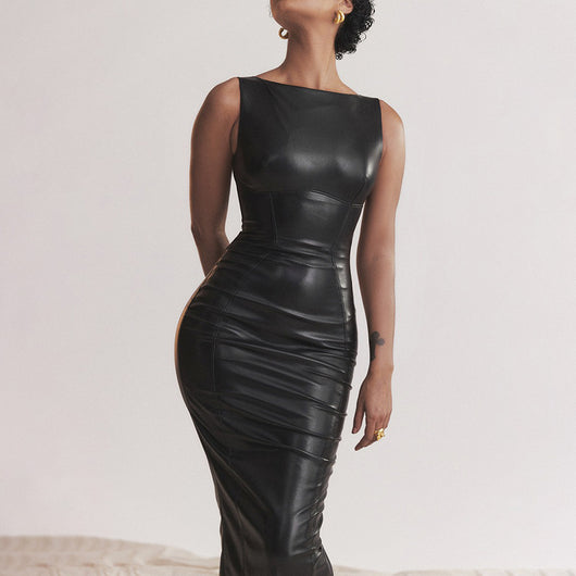 Vestido Largo Elegante de Cuero PU Estilo Europeo Otoño con Abertura - Image 19