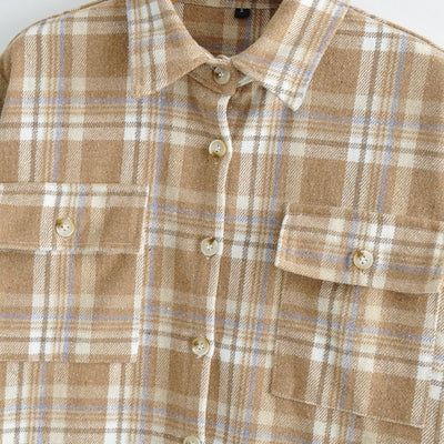 Camisa Larga Holgada a Cuadros Khaki para Mujer - Image 9