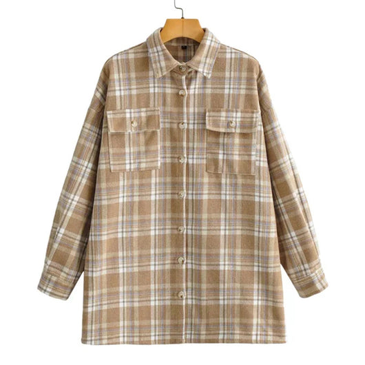 Camisa Larga Holgada a Cuadros Khaki para Mujer - Image 12