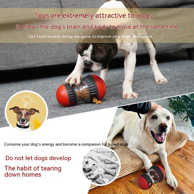 Teal and yellow food dispensing dog toy with a clear middle section and treat holes, designed for slow feeding. - Image 5