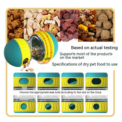 Teal and yellow food dispensing dog toy with a clear middle section and treat holes, designed for slow feeding. - Image 11
