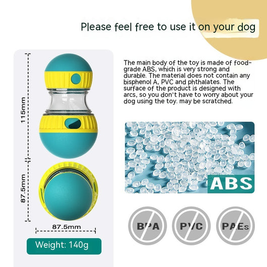 Teal and yellow food dispensing dog toy with a clear middle section and treat holes, designed for slow feeding. - Image 12