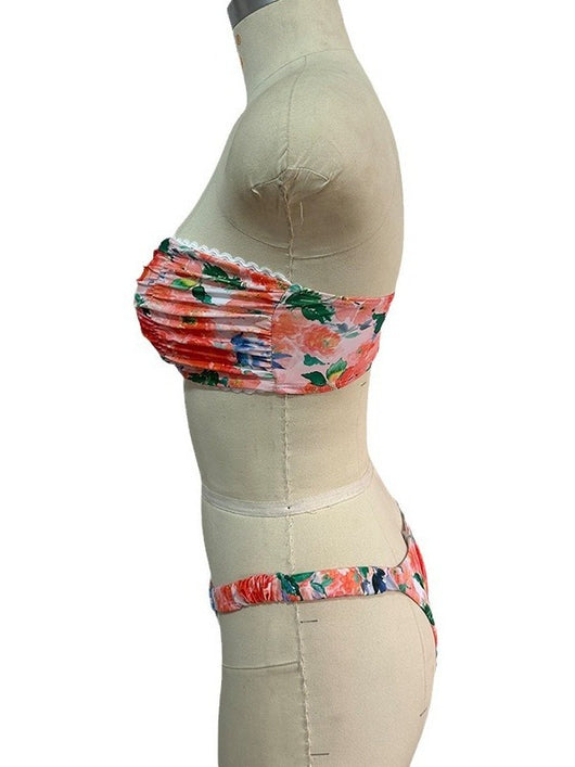 Floral print tube top bikini with blue and purple flowers, white lace trim, and a central ring detail. - Image 16