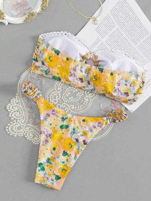 Floral print tube top bikini with blue and purple flowers, white lace trim, and a central ring detail. - Image 20