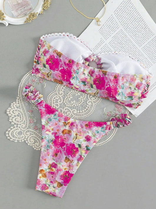 Floral print tube top bikini with blue and purple flowers, white lace trim, and a central ring detail. - Image 22