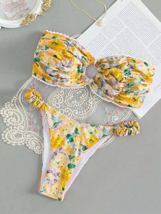 Floral print tube top bikini with blue and purple flowers, white lace trim, and a central ring detail. - Image 23