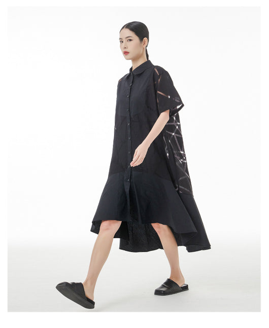 Vestido Camisero Retro Francés con Patrón Geométrico Transparente - Image 28