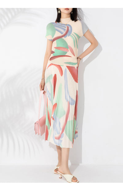 Conjunto de Dos Piezas Elegante con Blusa Plisada y Falda Estampada - Image 13