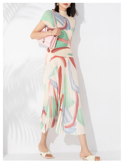 Conjunto de Dos Piezas Elegante con Blusa Plisada y Falda Estampada - Image 16