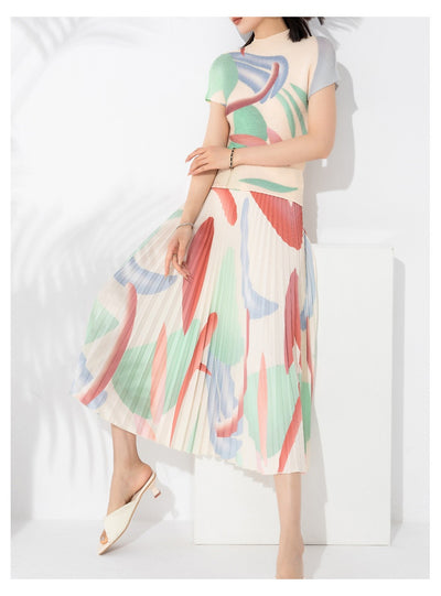 Conjunto de Dos Piezas Elegante con Blusa Plisada y Falda Estampada - Image 20