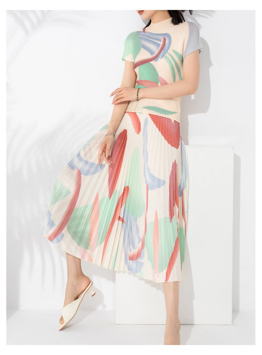 Conjunto de Dos Piezas Elegante con Blusa Plisada y Falda Estampada - Image 20