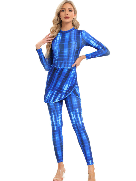 Blue tie-dye conservative beach swimsuit with long sleeves, full-length leggings, and a sheer sarong-style skirt. - Image 29