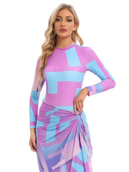 Blue tie-dye conservative beach swimsuit with long sleeves, full-length leggings, and a sheer sarong-style skirt. - Image 30