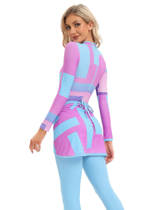 Blue tie-dye conservative beach swimsuit with long sleeves, full-length leggings, and a sheer sarong-style skirt. - Image 34