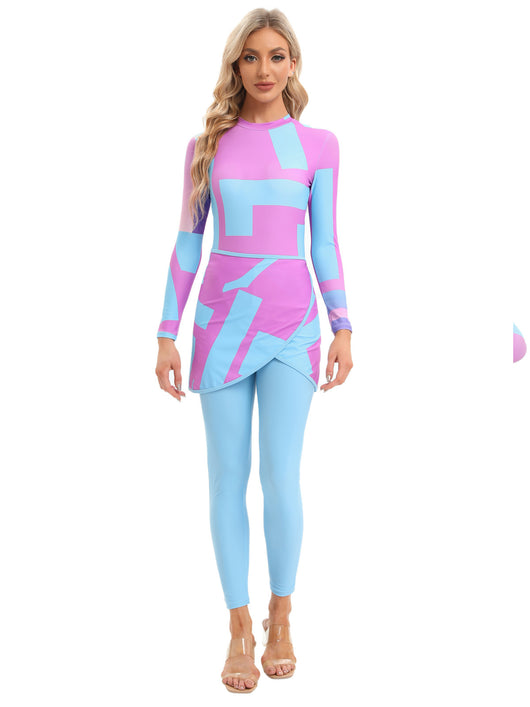 Blue tie-dye conservative beach swimsuit with long sleeves, full-length leggings, and a sheer sarong-style skirt. - Image 36