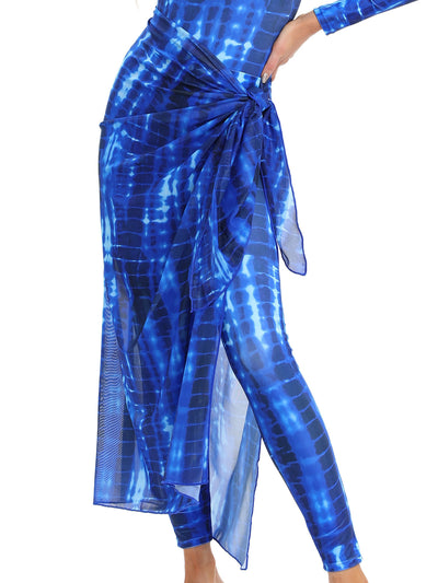 Blue tie-dye conservative beach swimsuit with long sleeves, full-length leggings, and a sheer sarong-style skirt. - Image 38