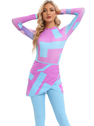 Blue tie-dye conservative beach swimsuit with long sleeves, full-length leggings, and a sheer sarong-style skirt. - Image 42