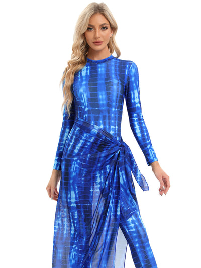 Blue tie-dye conservative beach swimsuit with long sleeves, full-length leggings, and a sheer sarong-style skirt. - Image 45