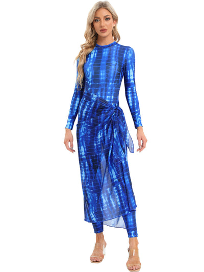 Blue tie-dye conservative beach swimsuit with long sleeves, full-length leggings, and a sheer sarong-style skirt. - Image 50