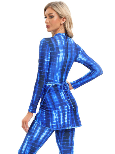 Blue tie-dye conservative beach swimsuit with long sleeves, full-length leggings, and a sheer sarong-style skirt. - Image 52
