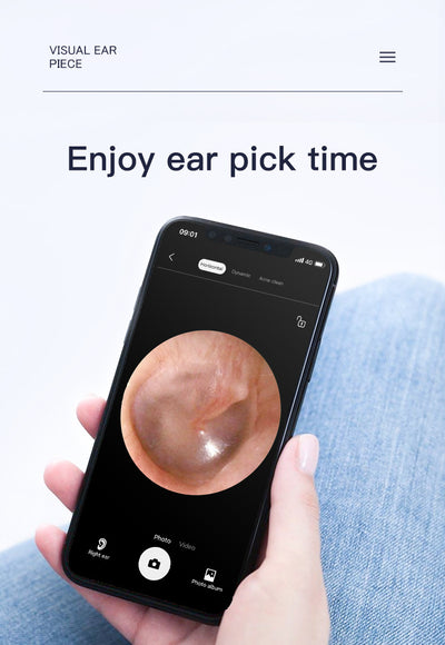 Blue wireless ear endoscope with camera, displaying an ear canal view on a smartphone, with various silicone ear spoon heads, charging cable, and storage jar. - Image 21
