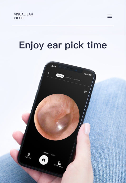 Blue wireless ear endoscope with camera, displaying an ear canal view on a smartphone, with various silicone ear spoon heads, charging cable, and storage jar. - Image 21