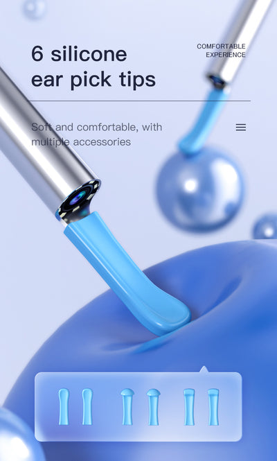 Blue wireless ear endoscope with camera, displaying an ear canal view on a smartphone, with various silicone ear spoon heads, charging cable, and storage jar. - Image 22