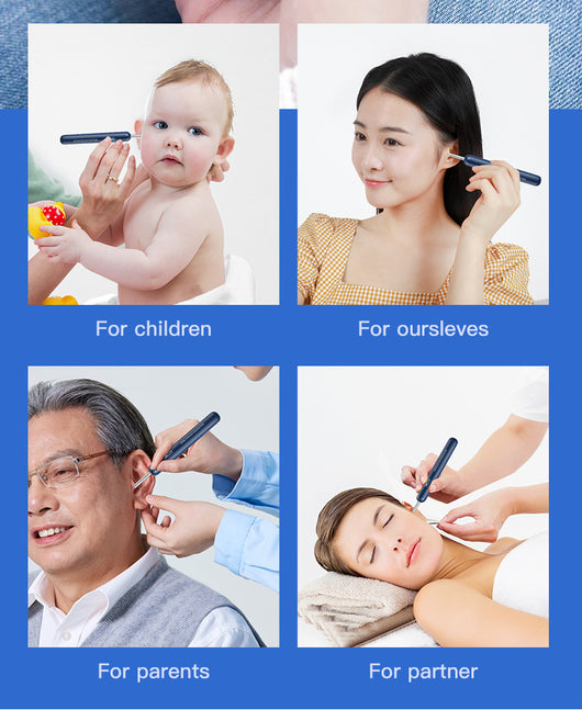 Blue wireless ear endoscope with camera, displaying an ear canal view on a smartphone, with various silicone ear spoon heads, charging cable, and storage jar. - Image 27