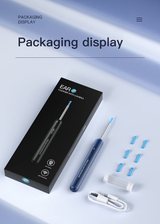 Blue wireless ear endoscope with camera, displaying an ear canal view on a smartphone, with various silicone ear spoon heads, charging cable, and storage jar. - Image 29