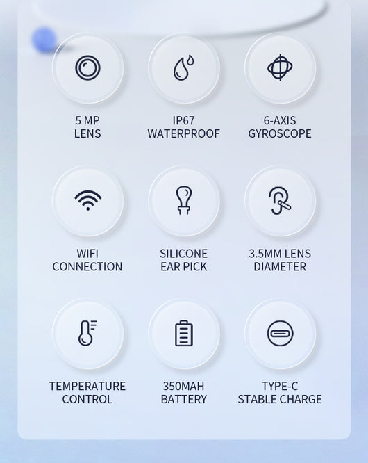 Blue wireless ear endoscope with camera, displaying an ear canal view on a smartphone, with various silicone ear spoon heads, charging cable, and storage jar. - Image 31