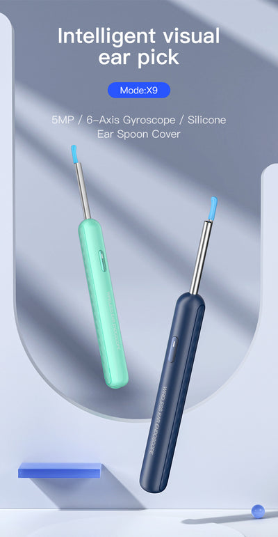 Blue wireless ear endoscope with camera, displaying an ear canal view on a smartphone, with various silicone ear spoon heads, charging cable, and storage jar. - Image 33