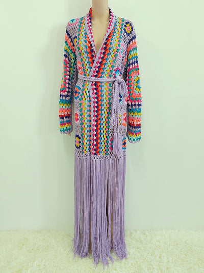 Cardigan Tejido a Mano con Flecos y Diseño Asimétrico Multicolor - Image 24