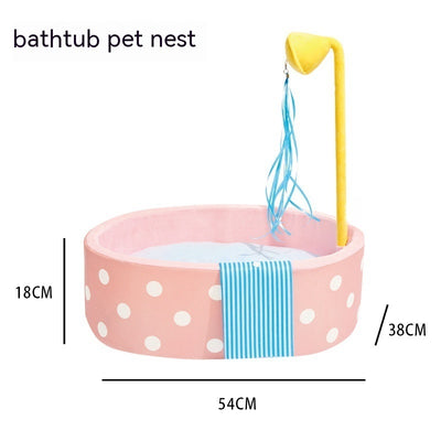 Pink polka dot pet bed shaped like a bathtub with a yellow showerhead toy and blue streamers, plus a blue striped 'towel'. - Image 6