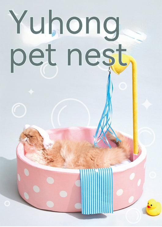 Pink polka dot pet bed shaped like a bathtub with a yellow showerhead toy and blue streamers, plus a blue striped 'towel'. - Image 7