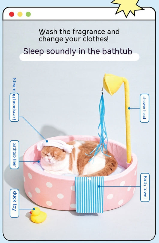 Pink polka dot pet bed shaped like a bathtub with a yellow showerhead toy and blue streamers, plus a blue striped 'towel'. - Image 8